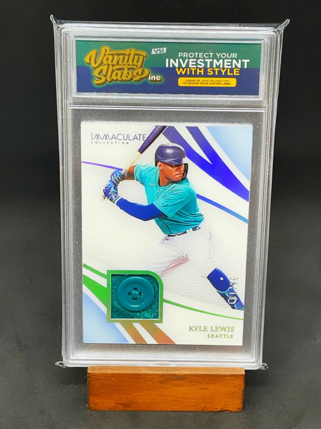 Graded Kyle Lewis baseball card in vanity slabs holder for RPA patch size trading cards