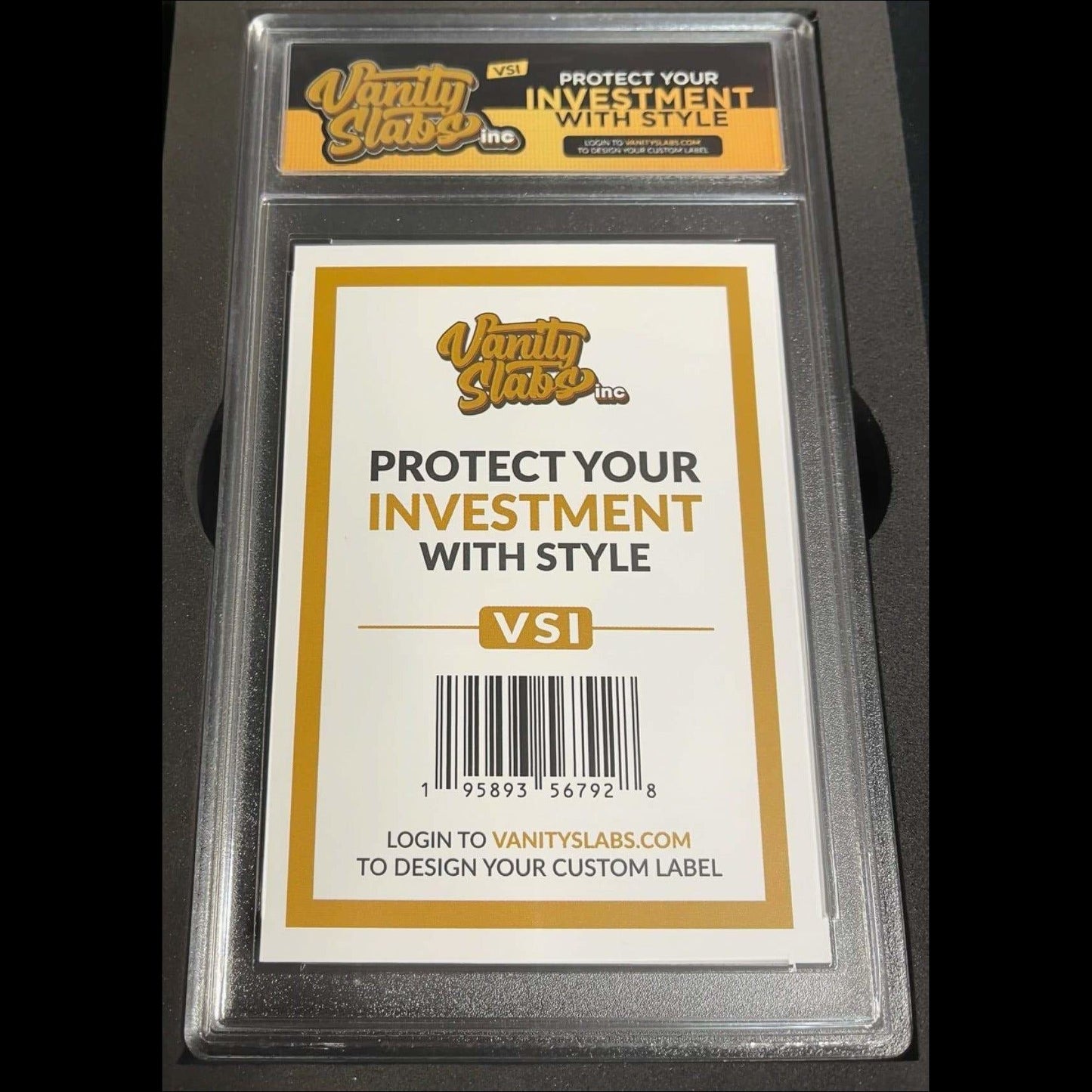Graded vanity slab for sports cards with personalized label display in retail bundle