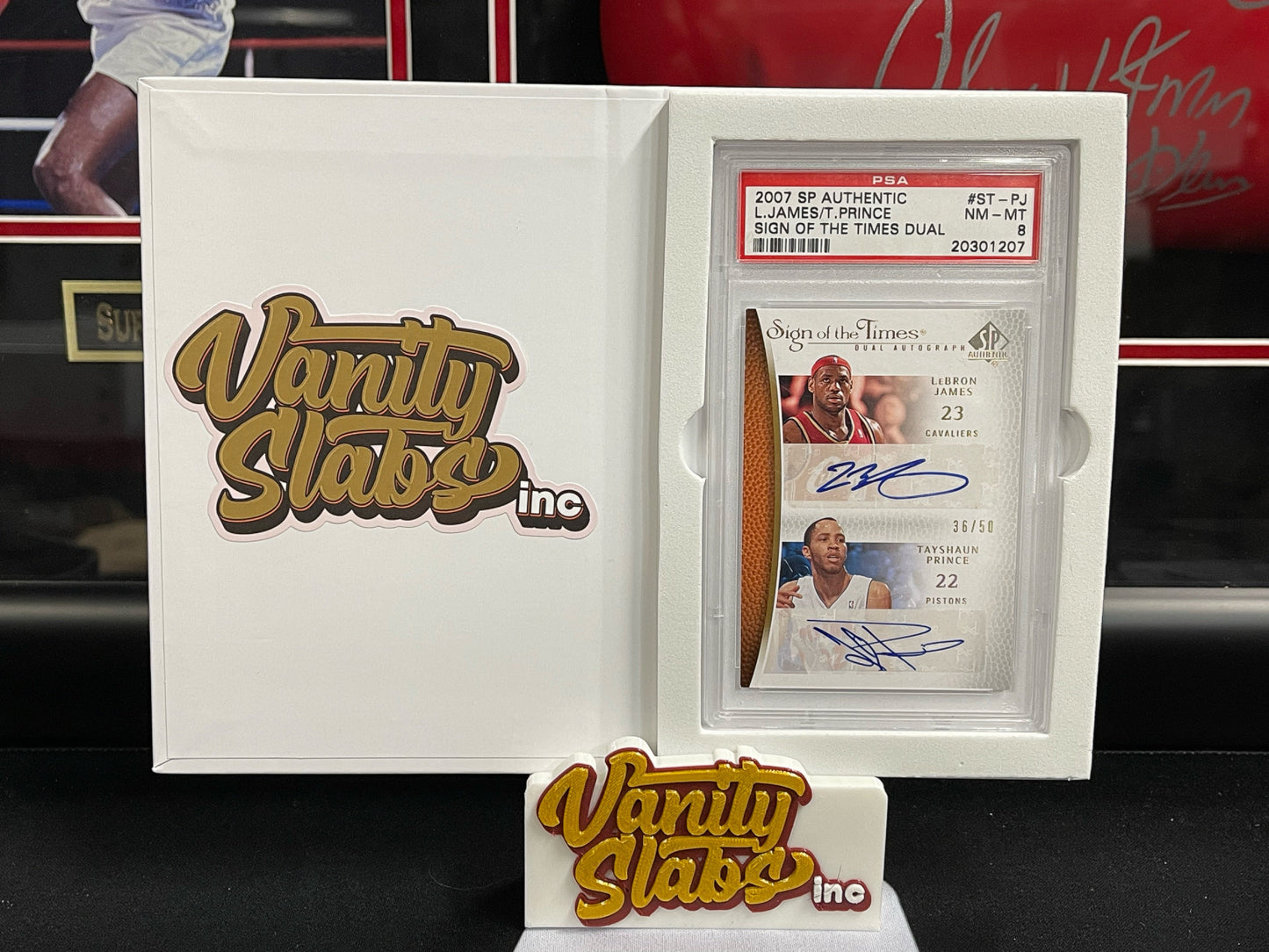 Graded dual-signed basketball card in black slab book case for vanity slabs and slab mailer