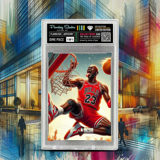 A graded basketball trading card of a Bulls player #23 dunking, a one-of-one custom masterpiece.
