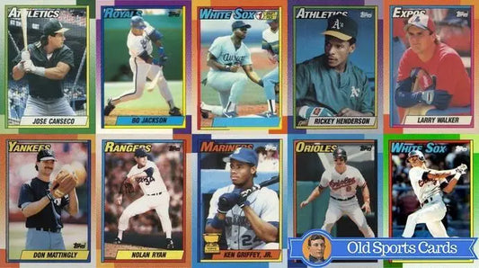 Vintage baseball trading cards, including Ken Griffey and 90’s sports cards, displayed.