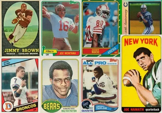 Vintage football trading cards showcasing NFL players, highlighting the trading card market.