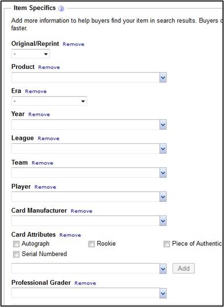 Form interface for selling sports cards to attract potential buyers on eBay