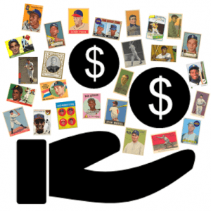 Hand holding dollar signs with vintage baseball cards for selling sports cards tips.