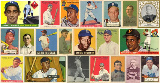 Vintage baseball trading cards collection including Babe Ruth and Mickey Mantle players