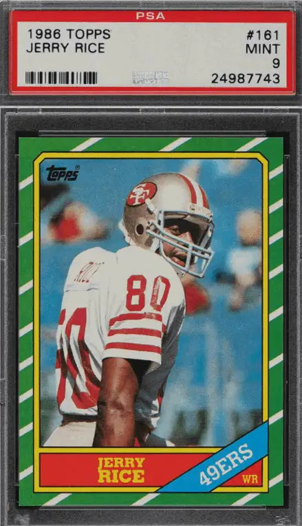 PSA-graded 1986 Topps Jerry Rice rookie card in vanity slab protective case