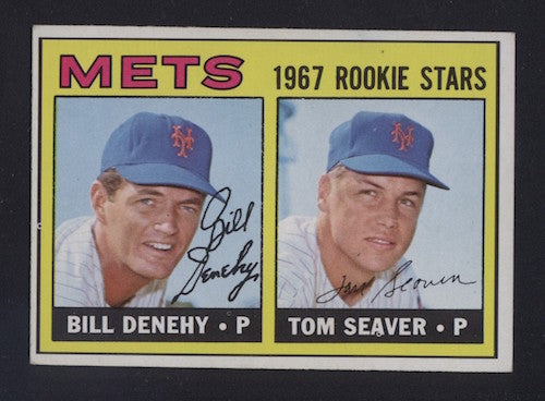 1967 Topps baseball card featuring Mets rookie pitchers Bill Denehy and Tom Seaver for sports memorabilia.
