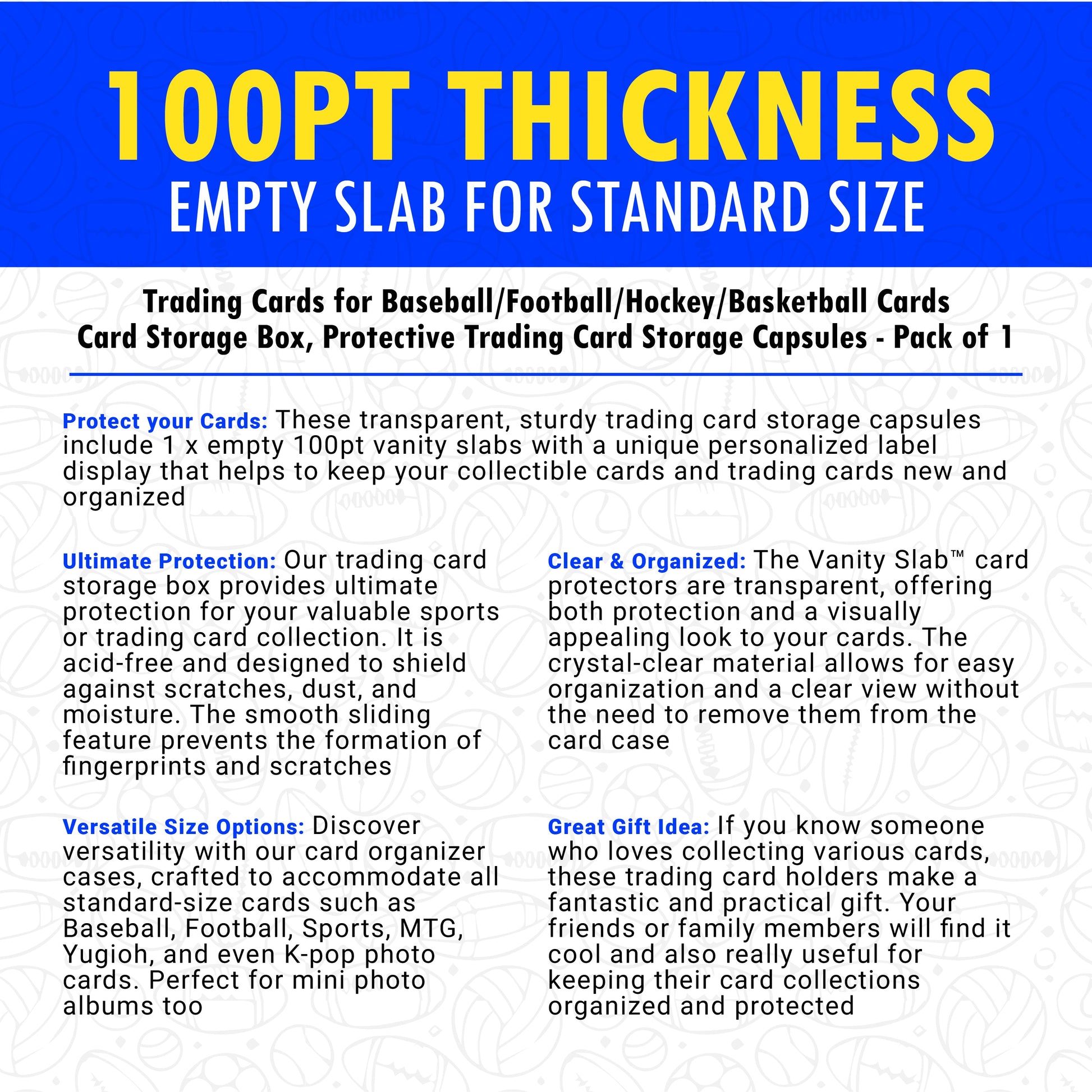Vanity Slabs Holder 100pt Thickness for Standard Size Trading Cards for Baseball Vanity Slabs Holder 100pt Thickness for Standard Size Trading Cards for Baseball