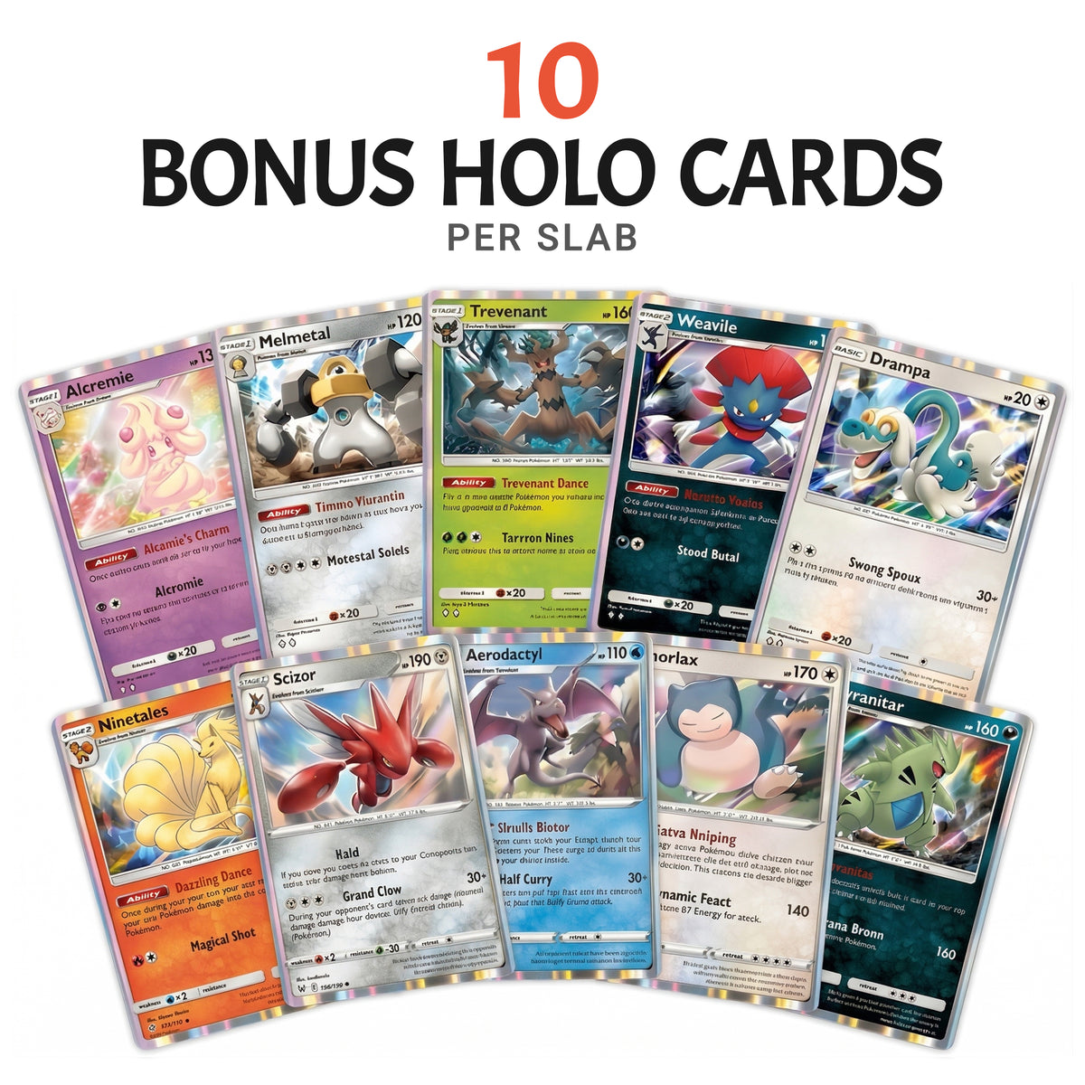 Assorted Pokémon holo cards included as bonus cards with the mystery slab bundle