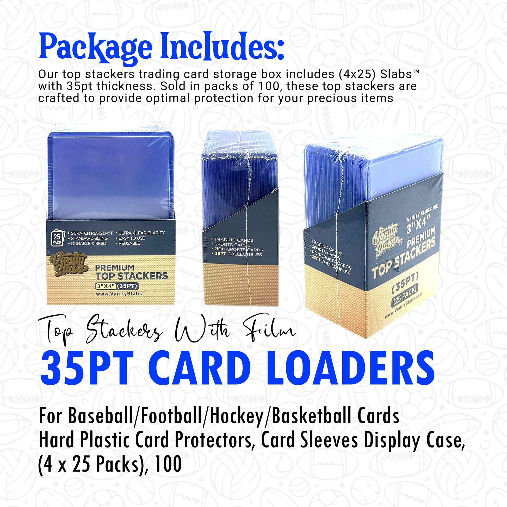 football card sleeves and top loaders Buy 100 Vanity Slabs Premium Top Stackers with Film 35pt Card – Vanity Slabs Inc