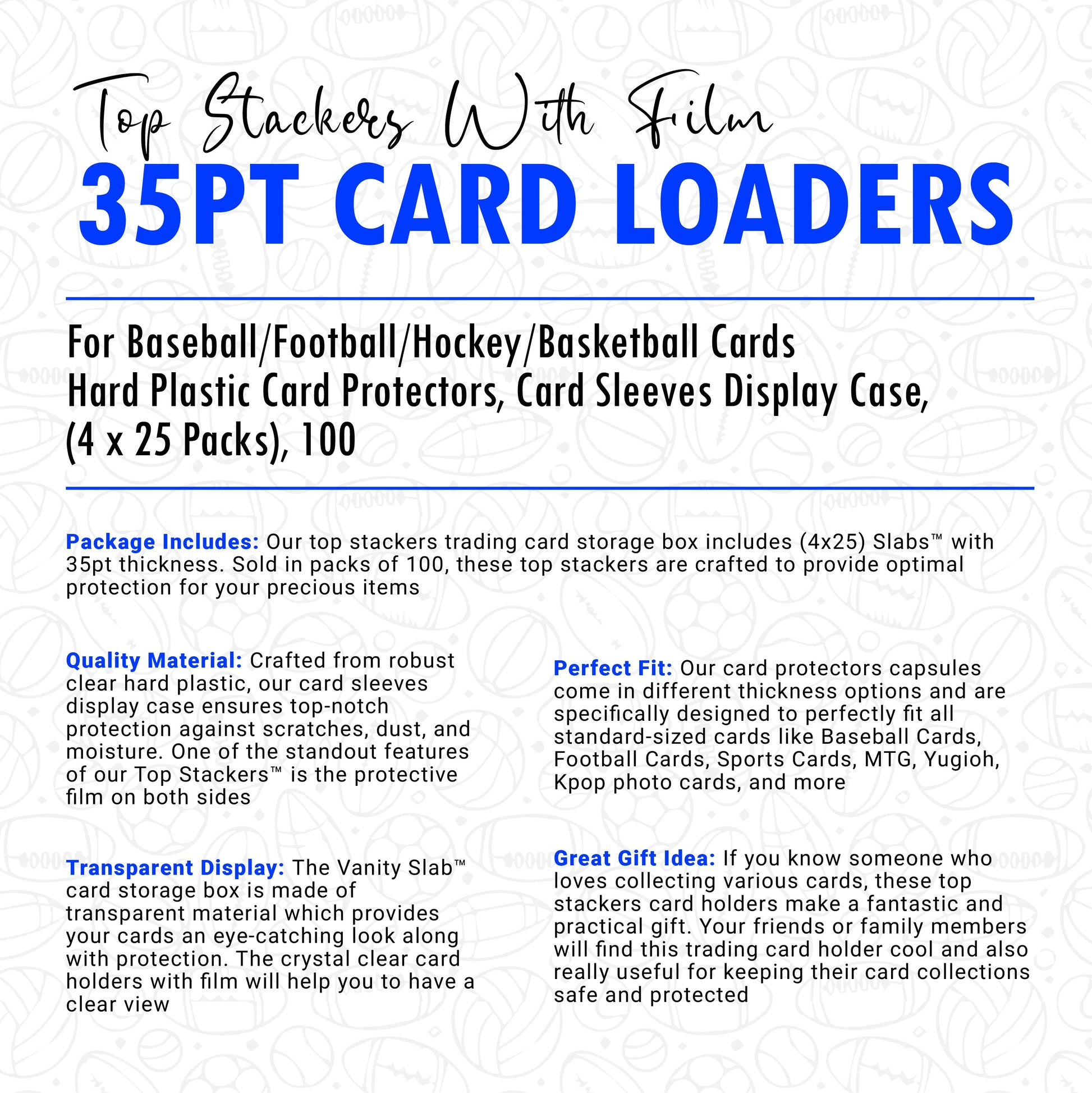Card storage box with hard plastic protectors and 35pt card loaders for hockey basketball cards