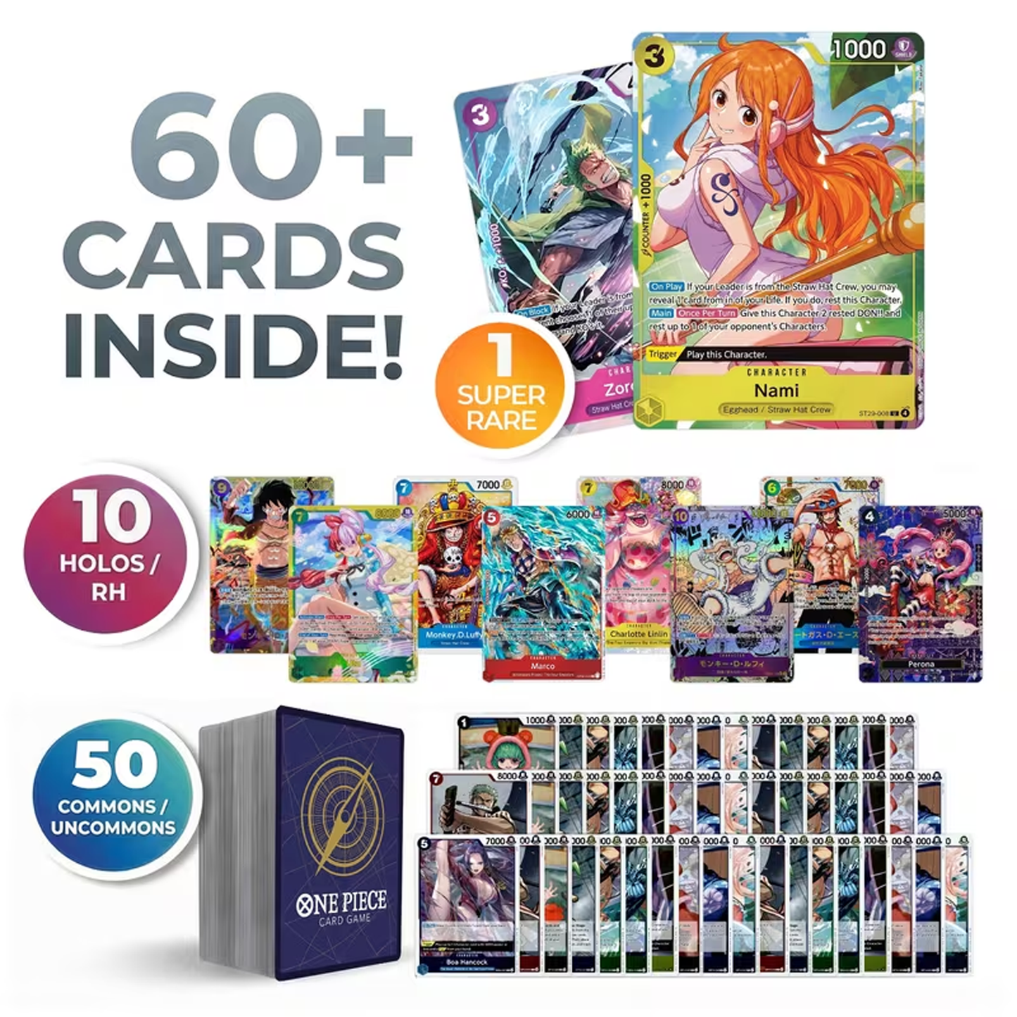 One Piece Treasure Hunt Bundle | 60+ One Piece Cards | 1x Super Rares Guaranteed | Randomly Inserted Holos/Rares Included! | Perfect Gift for Kids & Collectors!