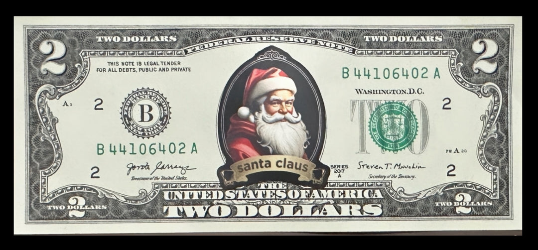 Santa Claus Christmas - $2 US Dollar Bill Santa Claus Uncirculated Real Money