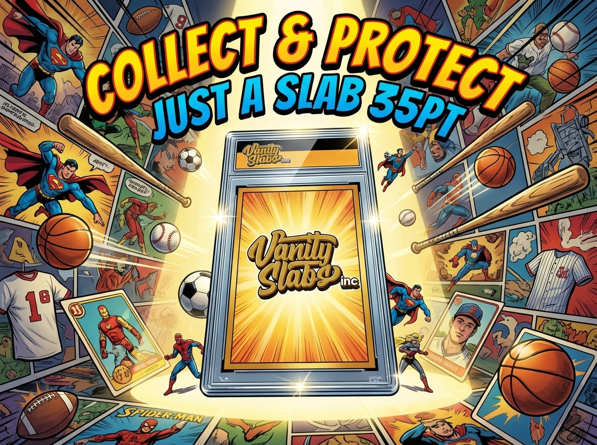 Vanity Slabs Retail Bundle 1 x Slab, Book Case, Pick & One Random Mystery Card Baseball Football Hockey or Basketball