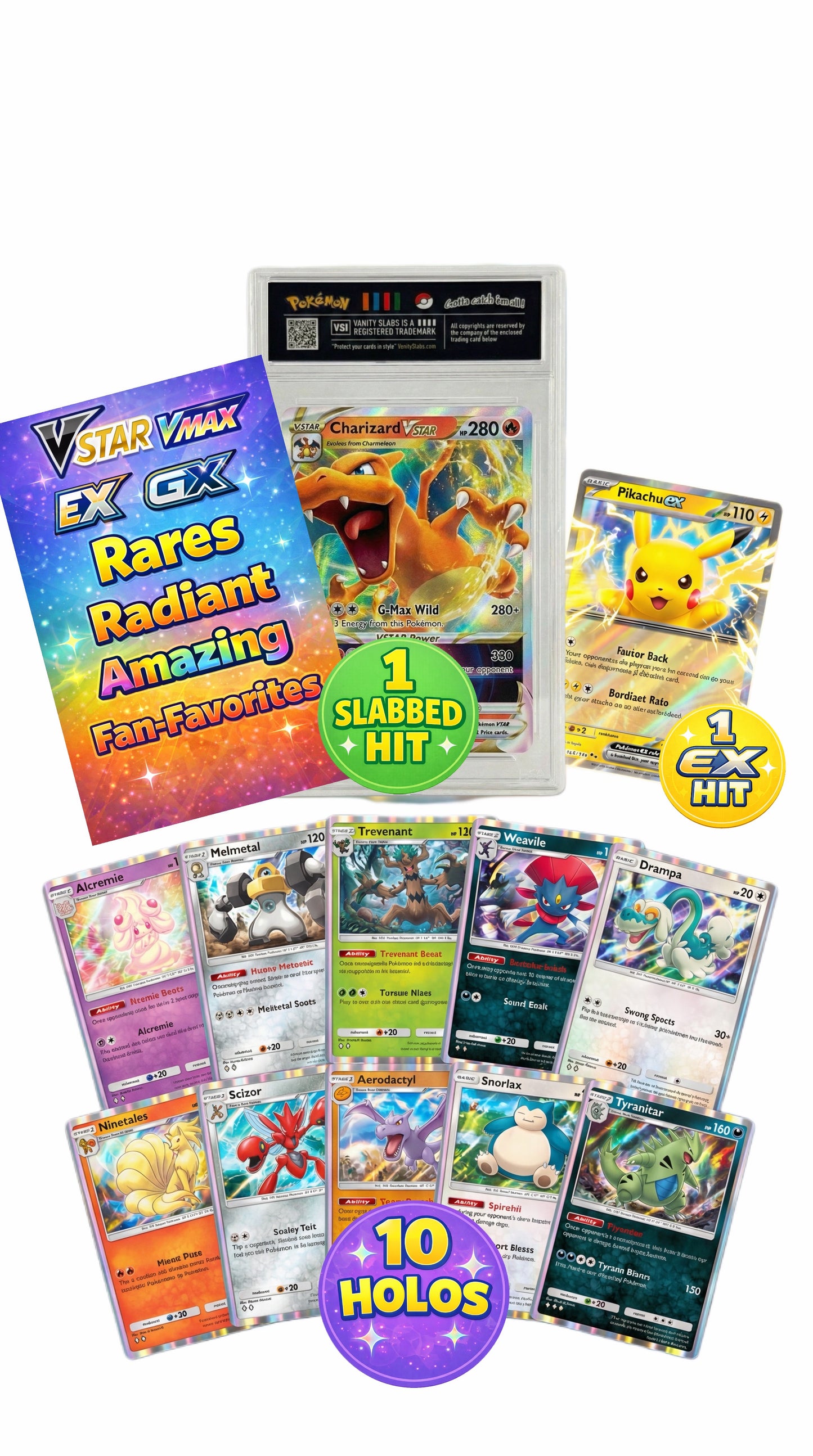 Pokémon Mystery Slab Pack – Slab Hit + EX Card + 10 Holo Cards | Vanity Slabs®
