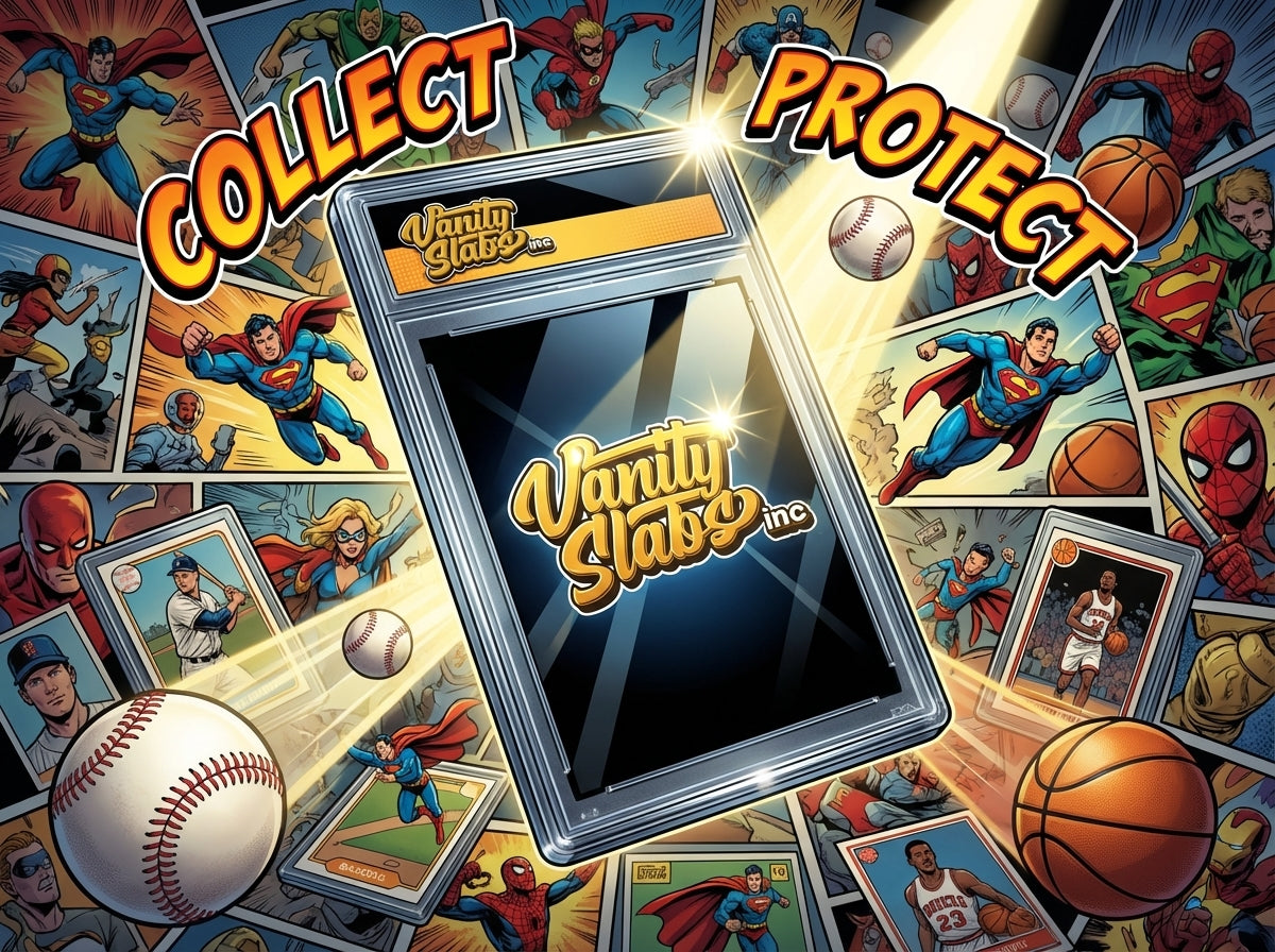 Vanity Slabs Retail Bundle 1 x Slab, Book Case, Pick & One Random Mystery Card Baseball Football Hockey or Basketball