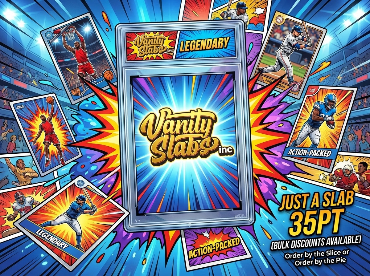 Vanity Slabs Retail Bundle 1 x Slab, Book Case, Pick & One Random Mystery Card Baseball Football Hockey or Basketball