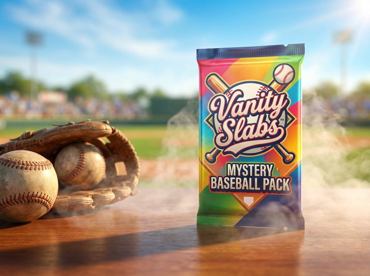 Vanity Slabs Retail Bundle 1 x Slab, Book Case, Pick & One Random Mystery Card Baseball Football Hockey or Basketball