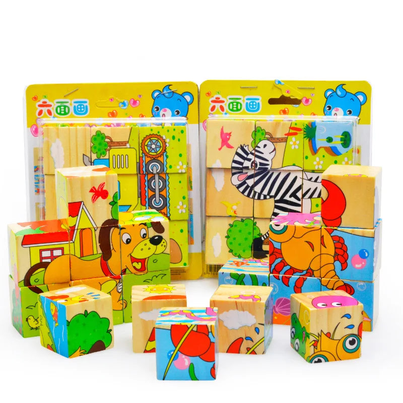 Free Shipping Children Wooden Cartoon Animal Puzzle Toys 6 Sides Wisdom Jigsaw Early Education Toys Parent-Child Game