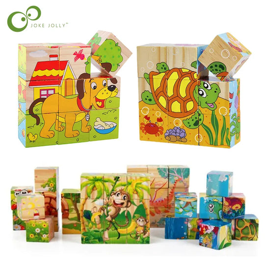 Free Shipping Children Wooden Cartoon Animal Puzzle Toys 6 Sides Wisdom Jigsaw Early Education Toys Parent-Child Game