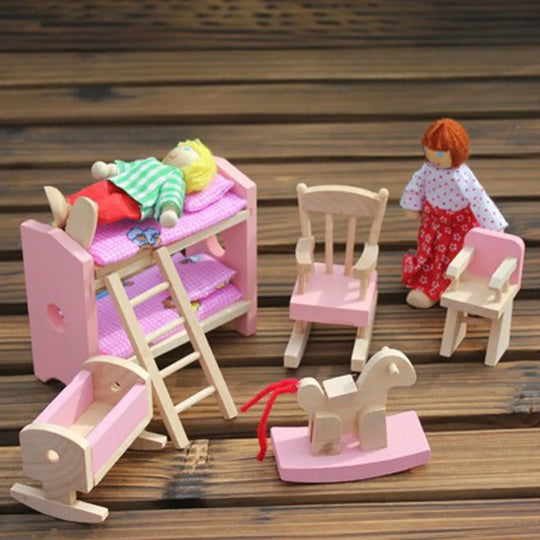 Pink Bathroom Furniture Bunk Bed House Furniture for Dolls Wood Miniature Furniture Wooden Toys for Children Birthday Xmas Gifts