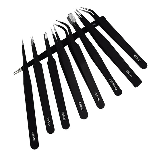 Toolour 9PC ESD Precision Industrial Tweezers Anti-static magnetic Stainless Steel Tweezers Set for Electronics Soldering