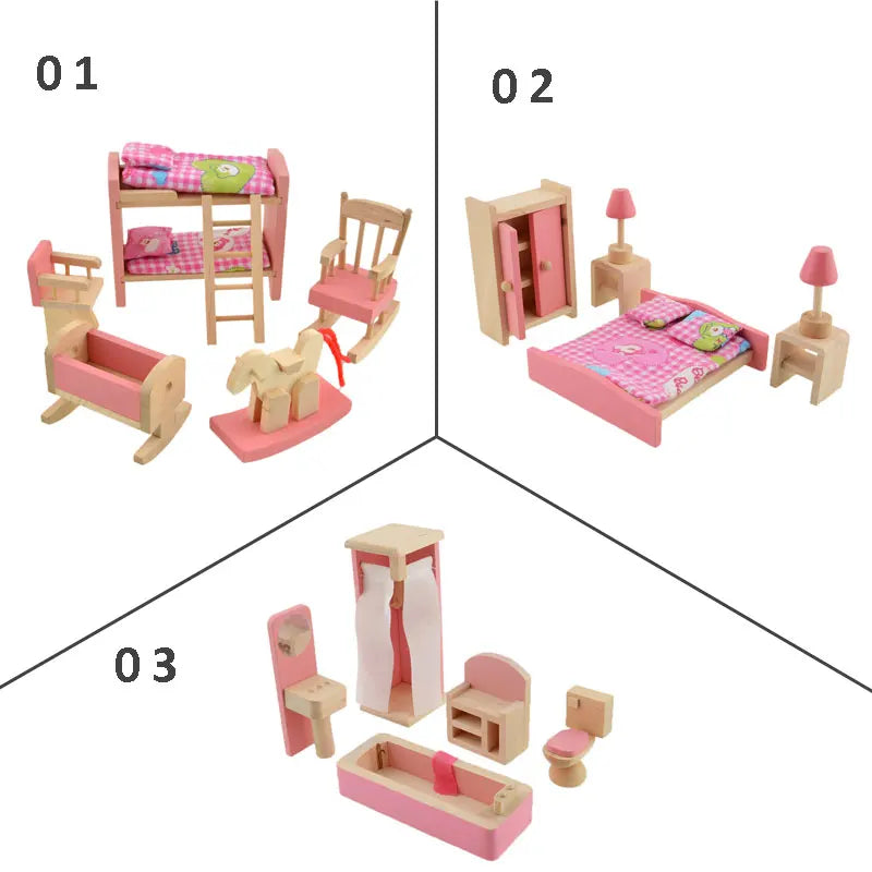 Pink Bathroom Furniture Bunk Bed House Furniture for Dolls Wood Miniature Furniture Wooden Toys for Children Birthday Xmas Gifts