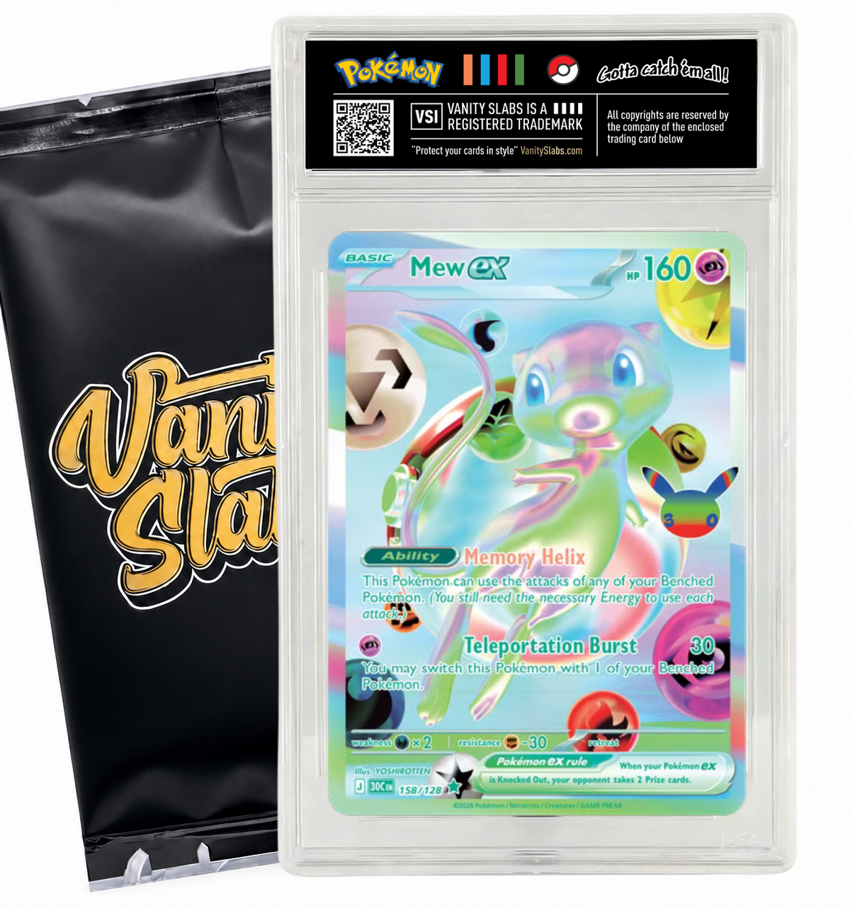 Example Pokémon Mew ex card in a clear Vanity Slabs display slab beside a branded mystery pack