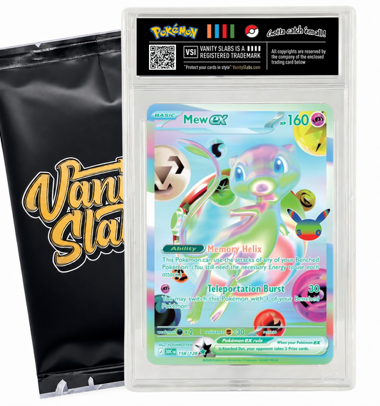 Example Pokémon Mew ex card in a clear Vanity Slabs display slab beside a branded mystery pack