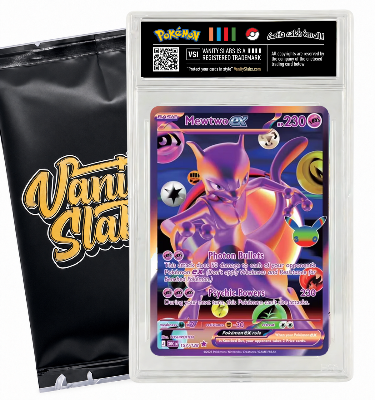 Example Pokémon Mewtwo ex card in a clear Vanity Slabs display slab beside a branded mystery pack