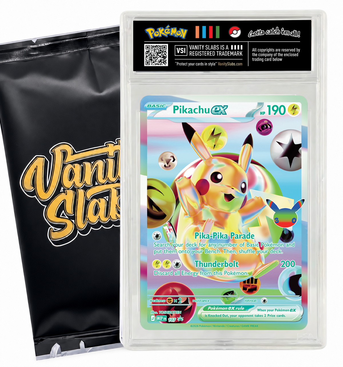 Example Pokémon Pikachu ex card in a clear Vanity Slabs display slab beside a branded mystery pack