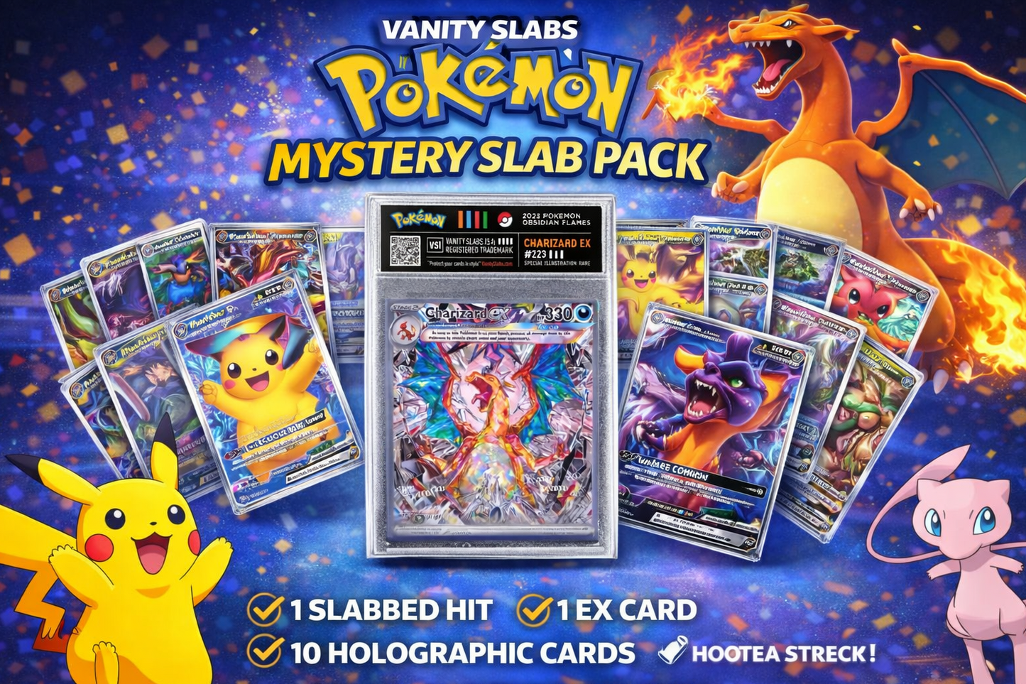 Vanity Slabs® Pokémon Mystery Pack – 1 Slab Hit + EX Card + 10 Holographics
