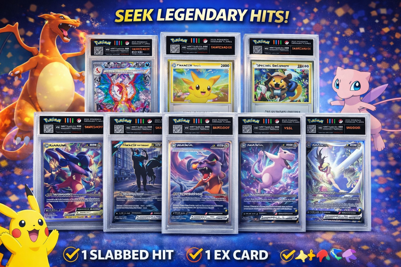 Vanity Slabs® Pokémon Mystery Pack – 1 Slab Hit + EX Card + 10 Holographics