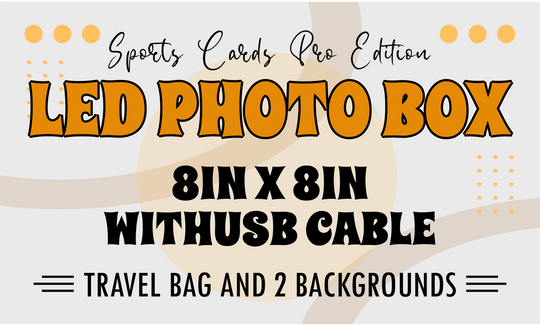 LED Photo Box Sports Cards Pro Edition 8in x 8in with USB Cable, Travel Bag and 2 Backgrounds