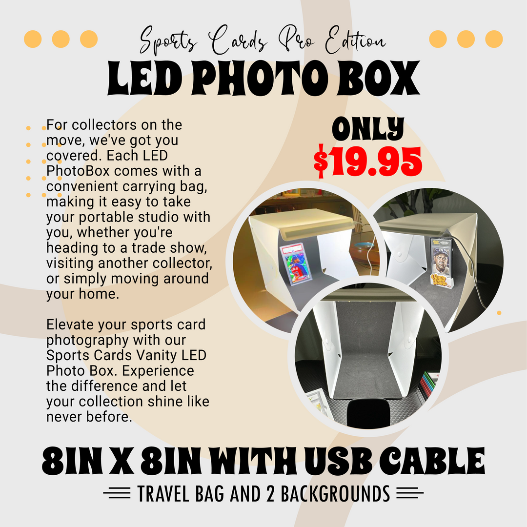 LED Photo Box Sports Cards Pro Edition 8in x 8in with USB Cable, Travel Bag and 2 Backgrounds