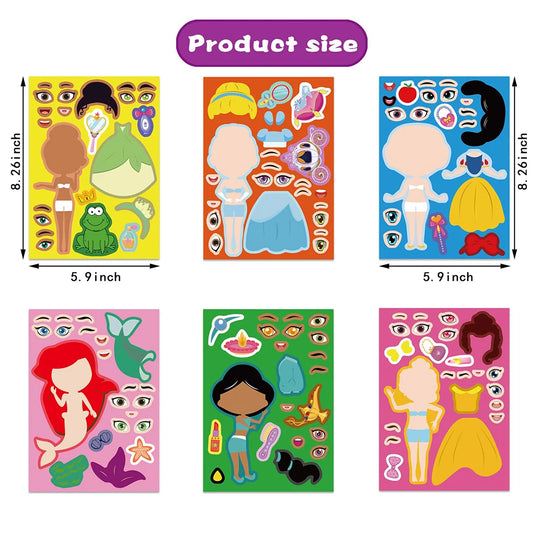 6/12Sheets Cute Disney Princess Puzzle Stickers Children Make a Face Snow White Mermaid Kids Game Jigsaw Party Boys Girls Gift
