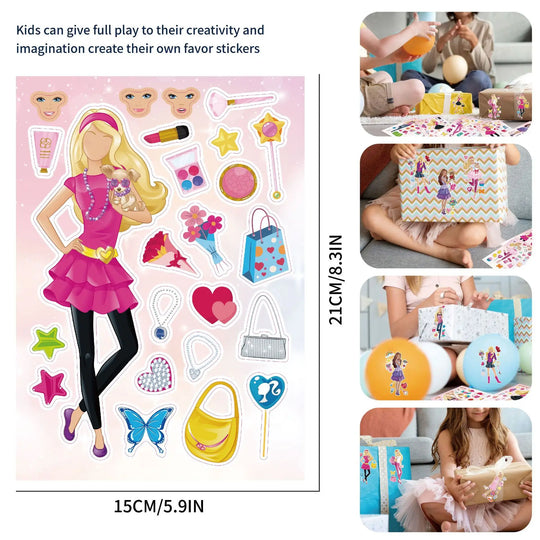 8/16Sheets Cartoon Anime Princess Barbie Make A Face Puzzle Stickers Kids Make Your Own DIY Game Children Jigsaw Education Toys