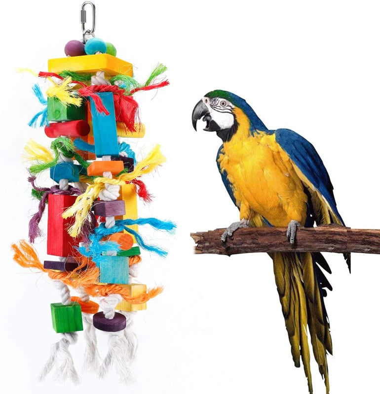 Bird Toys, Parrot Chewing Toy, Multicolored Wooden Blocks Tearing Toys for African Grey Cockatiel Conure Cockatoo and Medium Ama