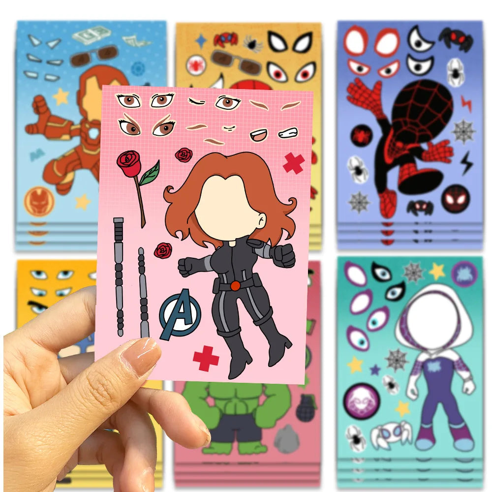 8/16Sheets Disney Spiderman and His Amazing Friends Stickers Puzzle Make-a-Face Game For Kids DIY Children Assemble Jigsaw Toys
