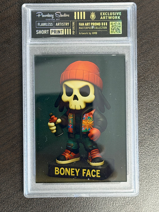 Petal Pop Boney Face 1 of 1 streetwear flower art card with red beanie and colorful jacket, front view