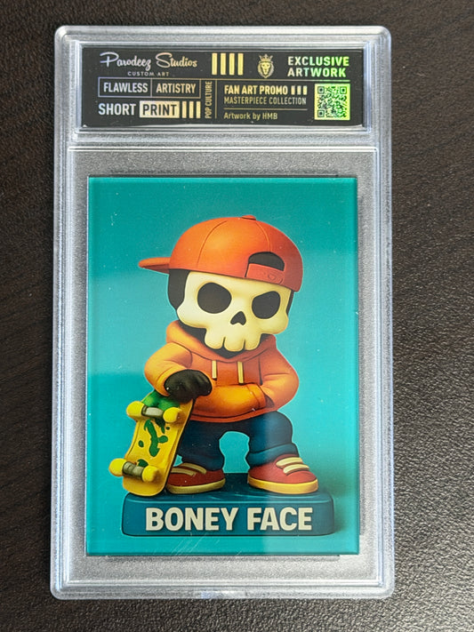 Sunny Side Skater Boney Face 1 of 1 art card with orange hoodie, cap and skateboard, front view
