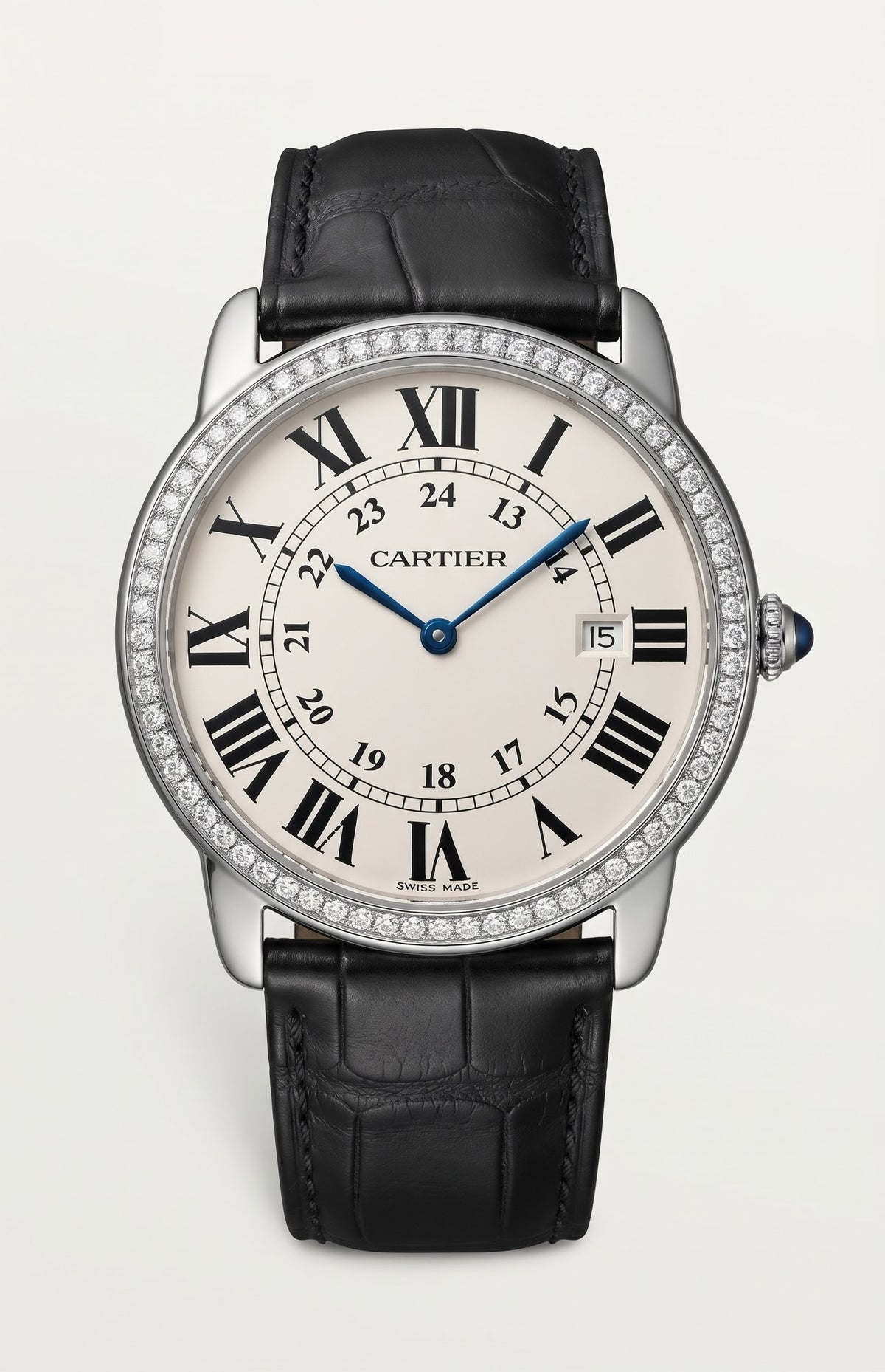 Cartier Ronde Solo XL style watch with white Roman numeral dial, diamond bezel and black leather strap