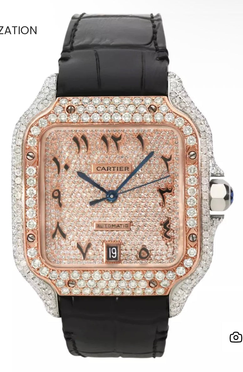 Cartier Santos style rose gold tone watch with diamond-set dial and black strap