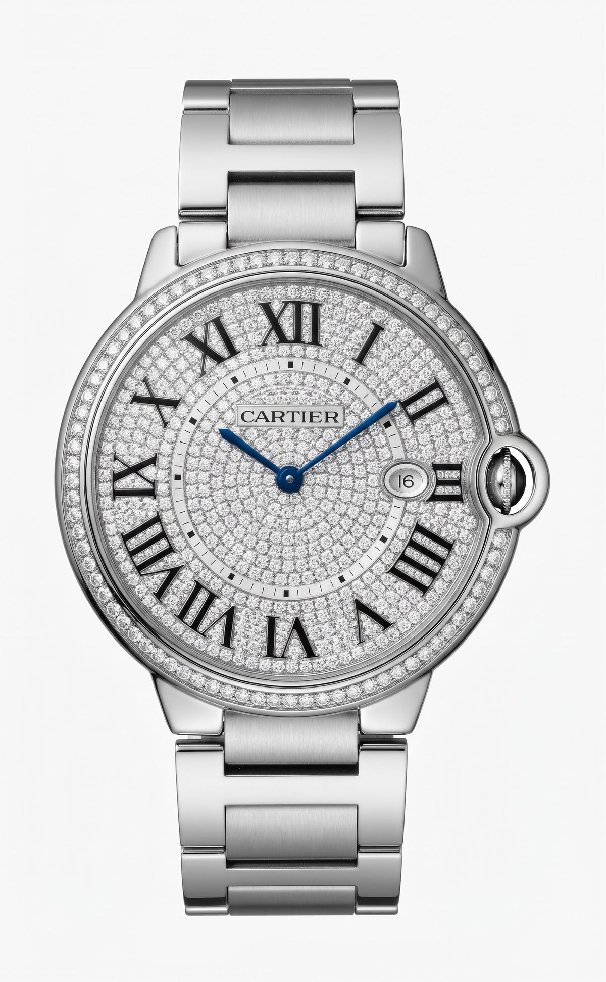 Cartier Ballon Bleu style watch with diamond dial and stainless steel bracelet